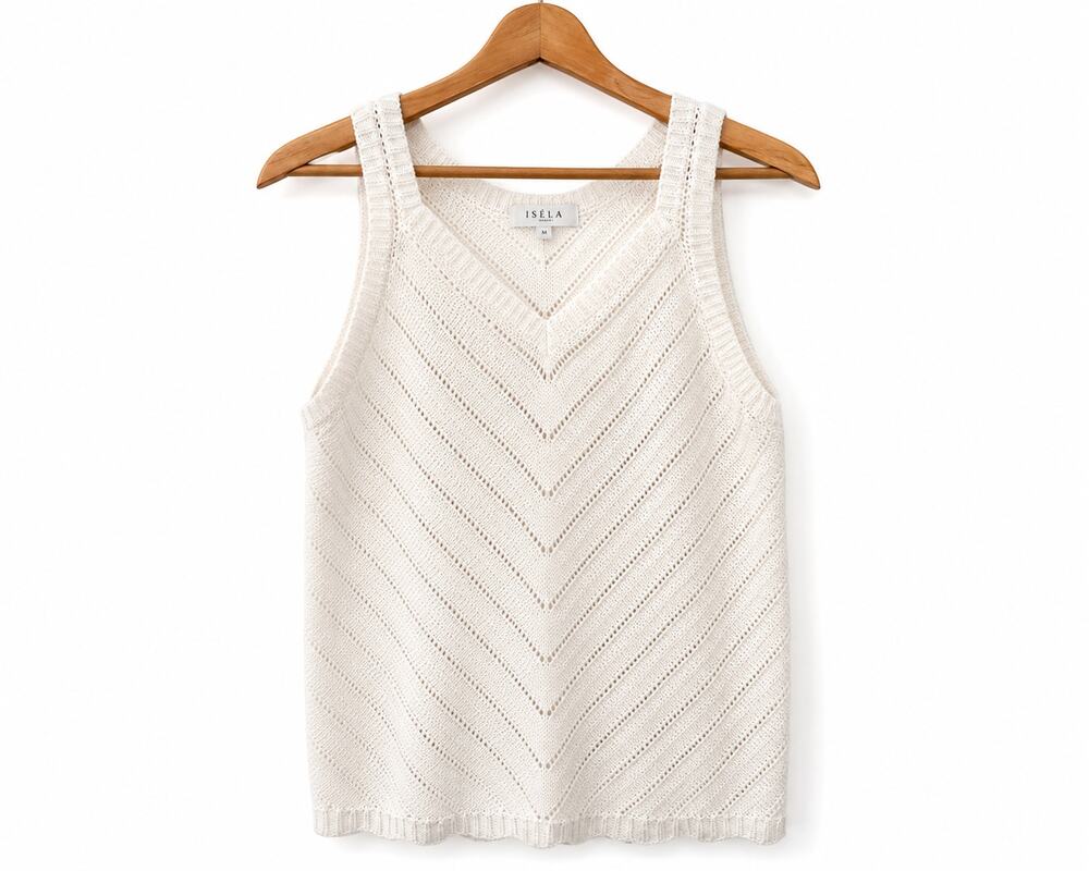 Isela Pointelle Knit Tank Top Ivory Chevron Sweater Vest Women's Medium